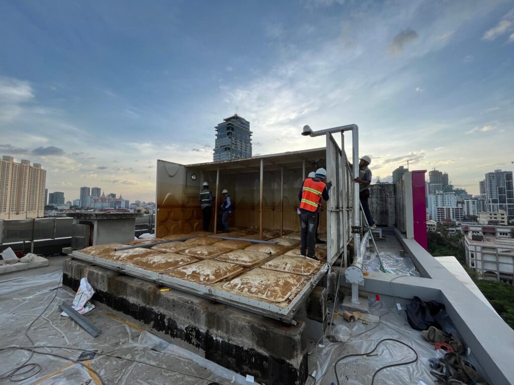 displacement and replacement of GRP water tank in cambodia