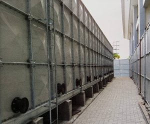 A side view photo of the GRP water tank at the National Bank of Cambodia