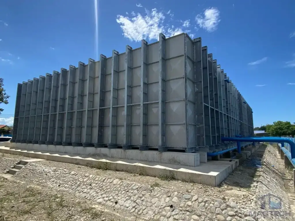 Large-capacity FRP water tank system installation for Dagupan Water District, Philippines – end view of the completed sectional tank