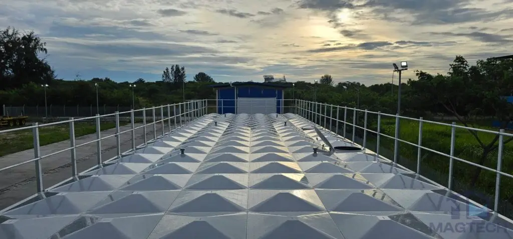 FRP water tank installation at Jurong Island, Singapore – top view of the completed tank and safety guardrails