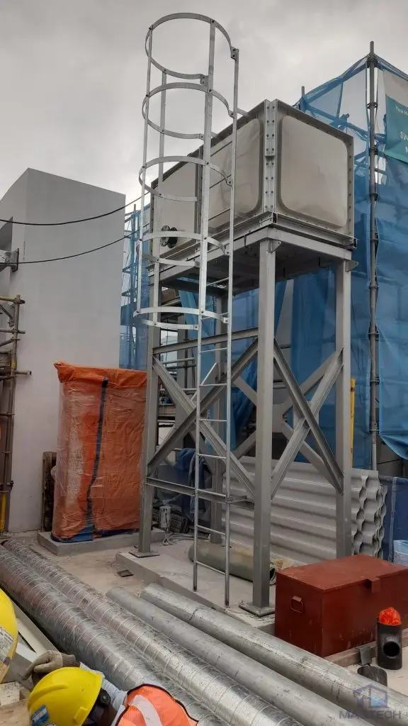 FRP water tank installation at Tengah HDB, Singapore – elevated sectional tank installed on a steel support tower