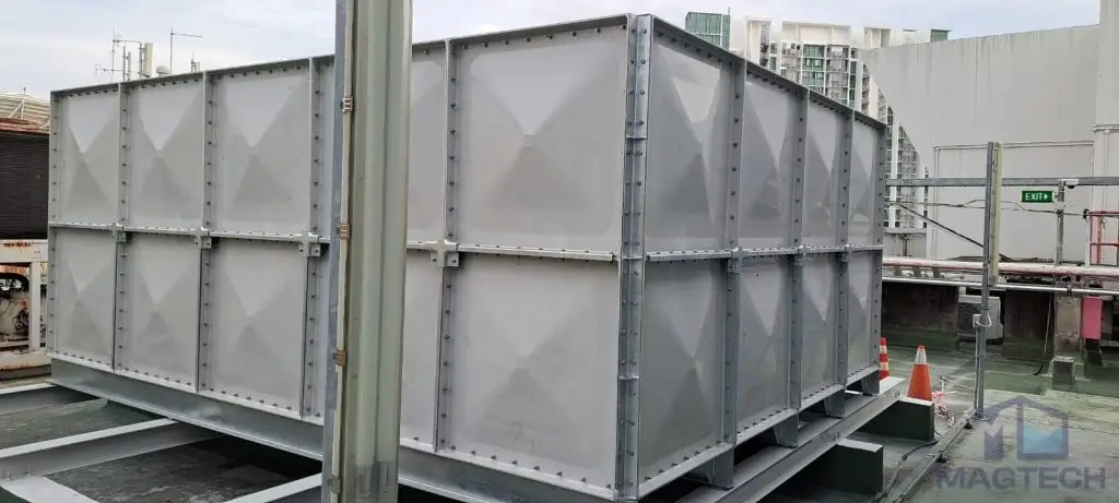 FRP/GRP water tank installation for Project Epsilon, Singapore – side view of a completed sectional tank