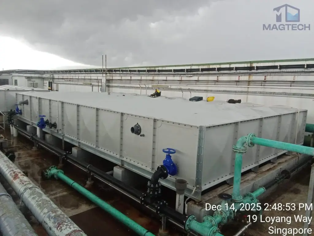 Water tank replacement at Changi Logistics Centre, Singapore – completed FRP sectional tank with connected pipework