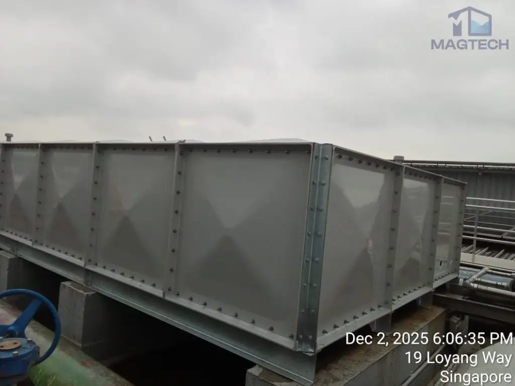 Water tank replacement at Changi Logistics Centre, Singapore – completed FRP sectional tank for domestic water storage
