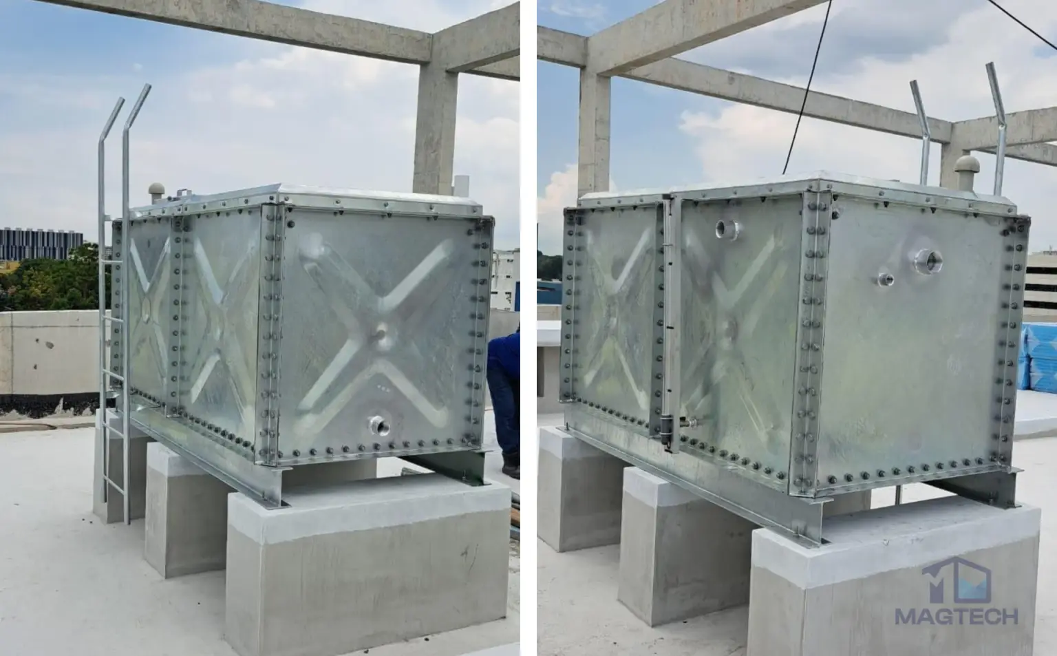 HDG pressed steel water tank installation at 5 Loyang Drive, Singapore – completed rooftop sectional tank on concrete supports with an access ladder