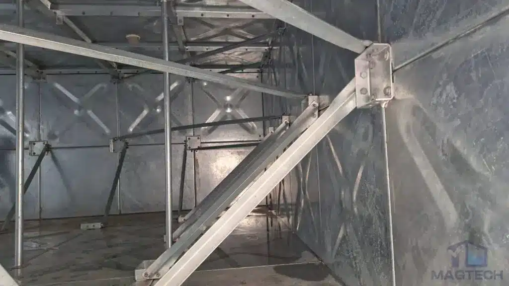 HDG pressed steel water tank replacement at Heritage Apartment, Singapore – internal galvanized panels and steel bracing