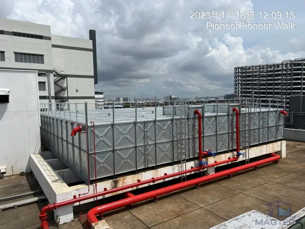 Hot-Dipped Galvanized (HDG) pressed steel water tank at Pioneer Walk 1 magtech general