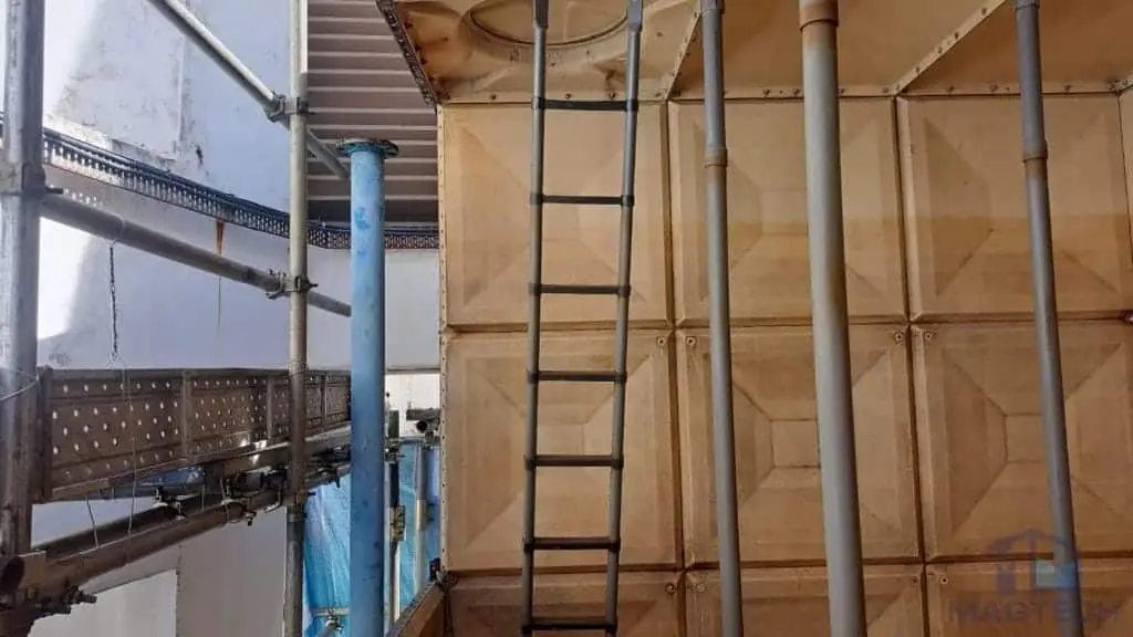 FRP/GRP domestic water tank replacement at One Finlayson Green, Singapore – internal bracing and access ladder inside the old tank