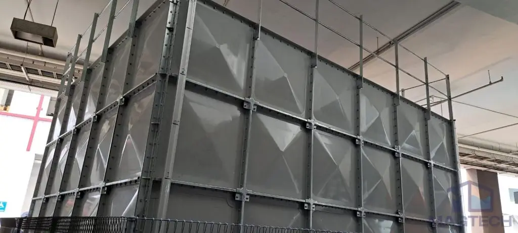 Tower B FRP Water Tank Replacement at Northlink Building, Singapore – completed sectional tank viewed from the plant room