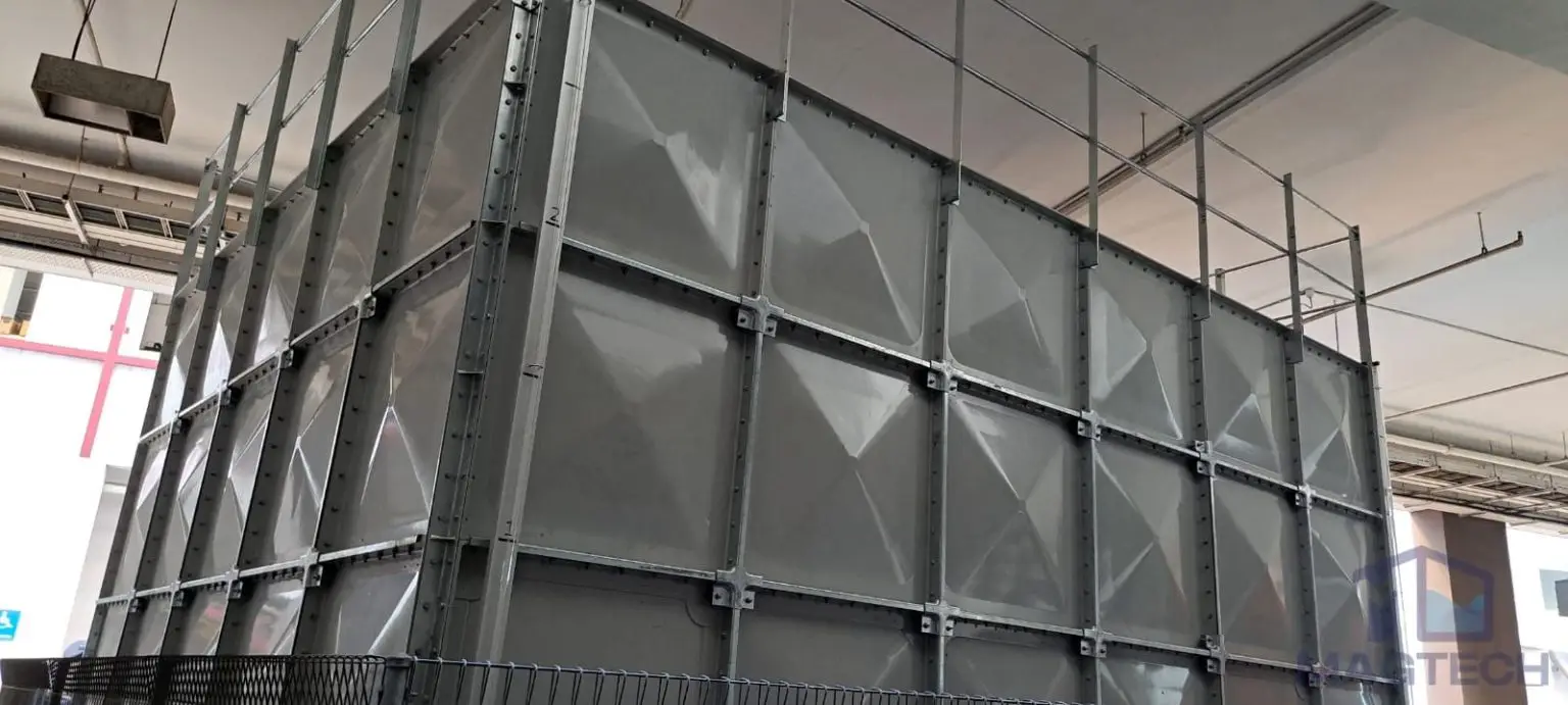 Tower B FRP Water Tank Replacement at Northlink Building, Singapore – completed sectional tank viewed from the plant room