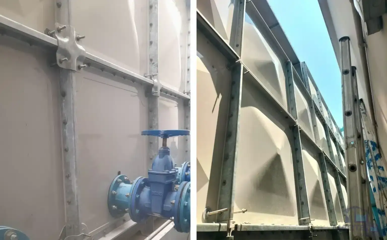 FRP water tank repair at Margaret Villa, Singapore – exterior panel and blue valve connection