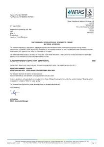 WRAS approved GRP water tank material certificate 2023-2028