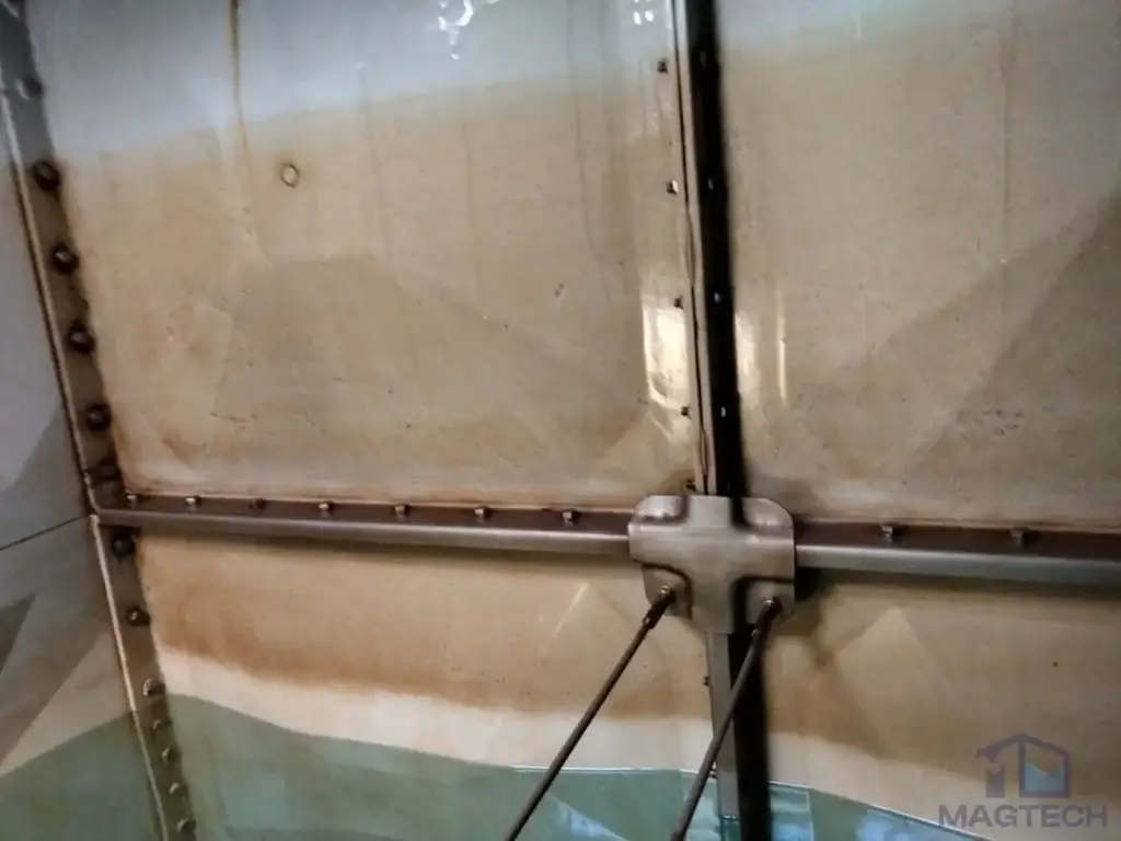 FRP sectional water tank repair at Southbank, Singapore – close-up of an internal panel joint and support brace