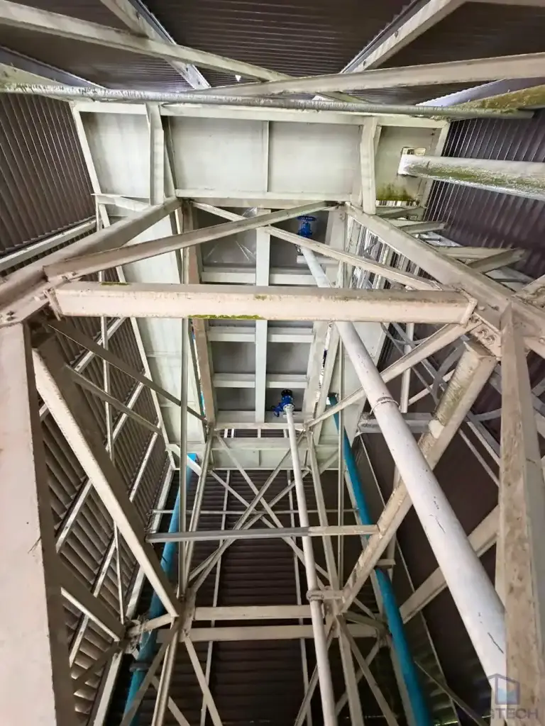 FRP water tank replacement at Changi Cove, Singapore – overhead support framework above the tank area