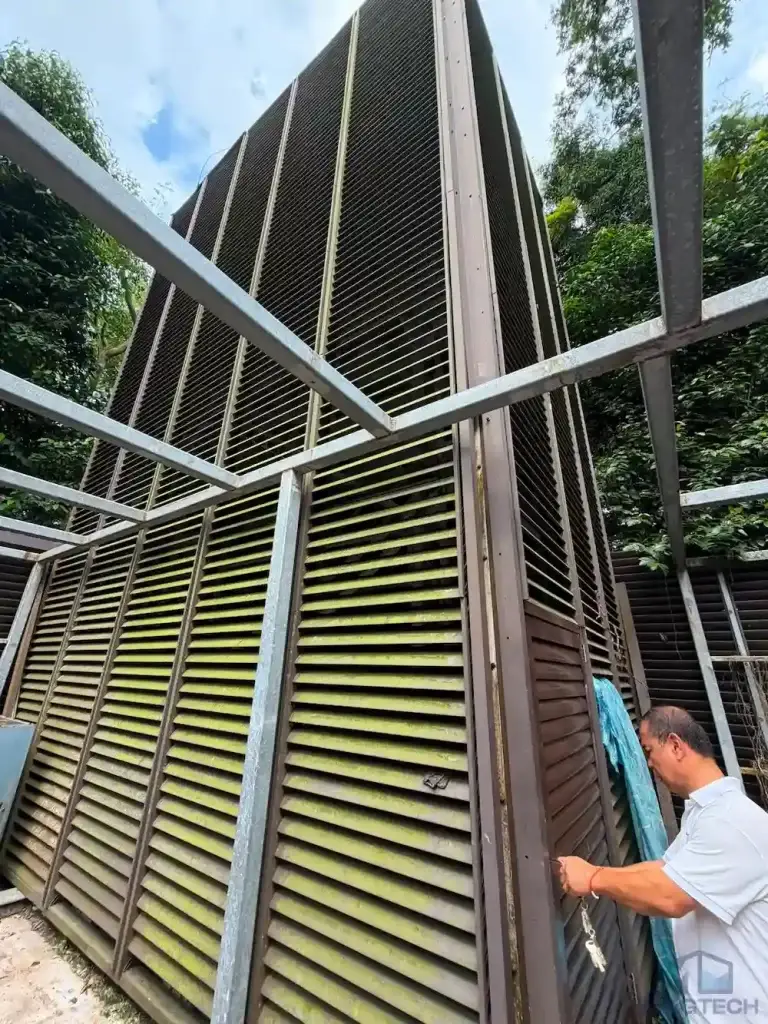 FRP water tank replacement at Changi Cove, Singapore – external view of the louvred tank enclosure