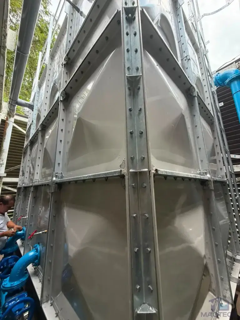 FRP water tank replacement at Changi Cove, Singapore – exterior view of the completed sectional tank