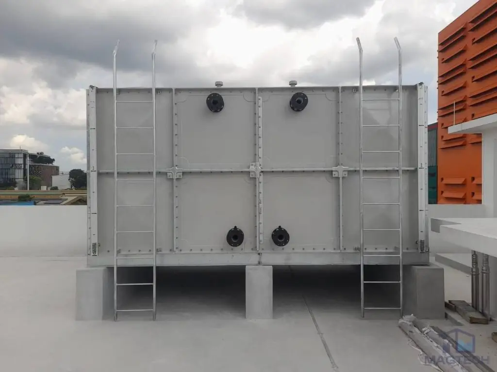 FRP/GRP water tank installation at 24A Senoko Road, Singapore – front view of the completed sectional tank