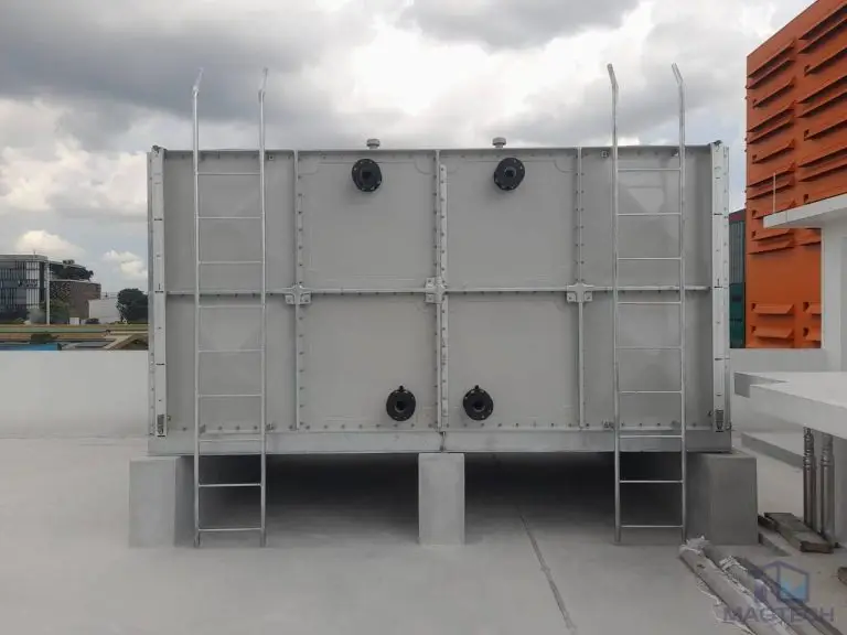 FRP/GRP water tank installation at 24A Senoko Road, Singapore – front view of the completed sectional tank