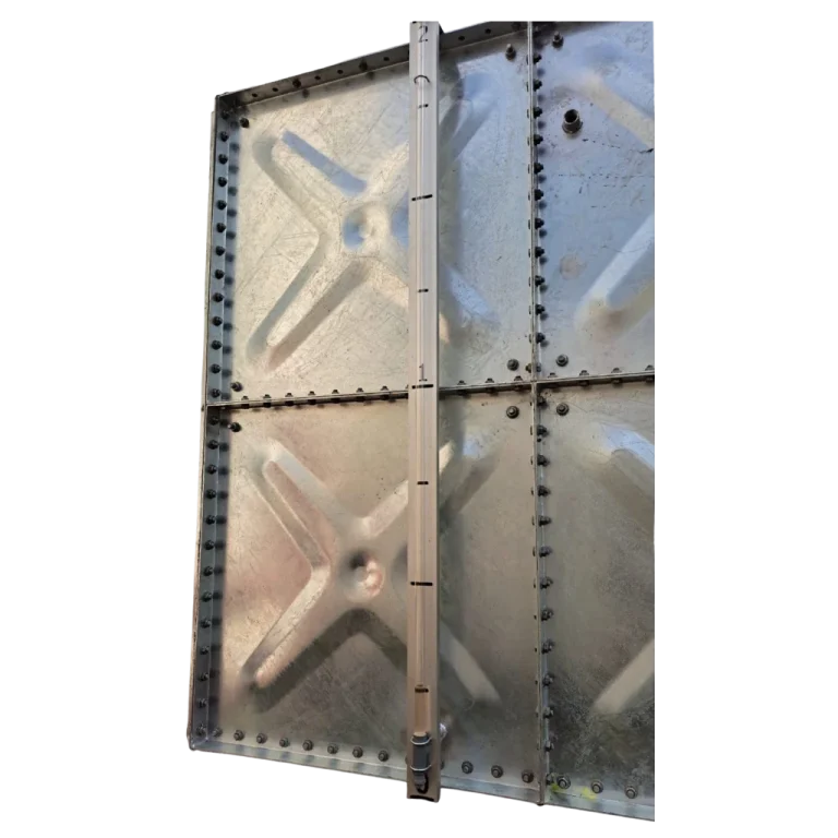 Close-up of bolted HDG pressed steel sectional tank panels showing flanged joints - Magtech