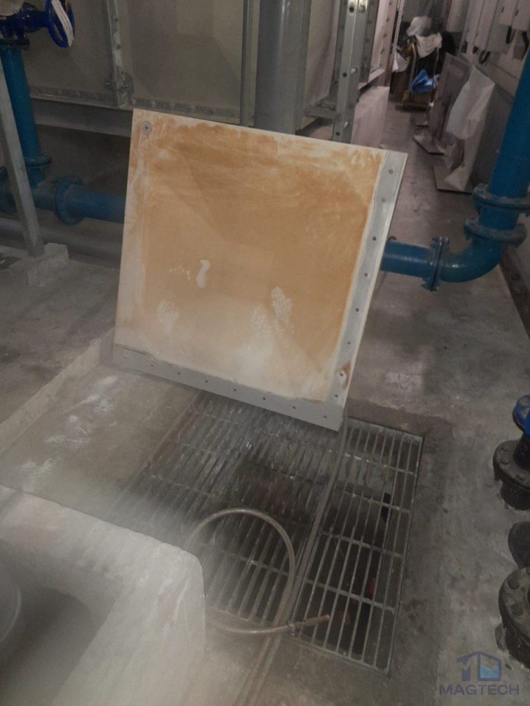 FRP water tank panel repair at 8 Novena Drive Singapore - cracked panel removed