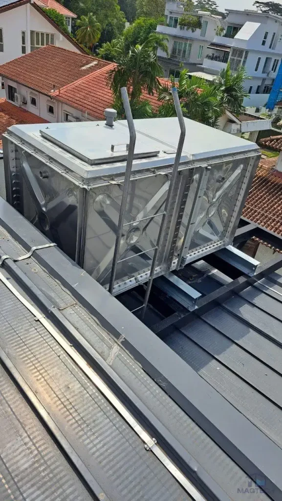 SS316 water tank installation at 11 Greenleaf View Singapore - completed rooftop tank with access ladder