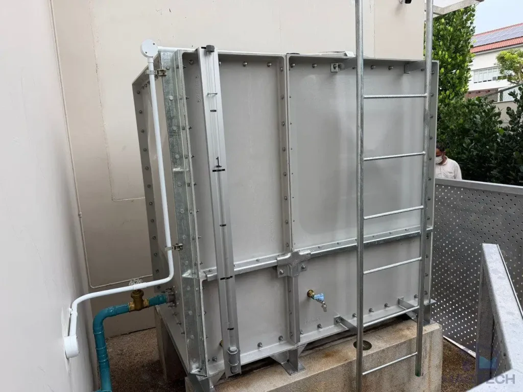FRP water tank replacement at 6 Chestnut Close Singapore - completed tank with level indicator