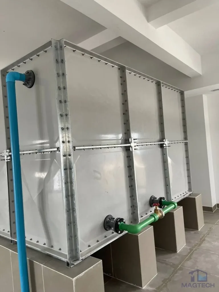 GRP water tank installation at Grand Villa Cambodia - completed tank on tiled plinths