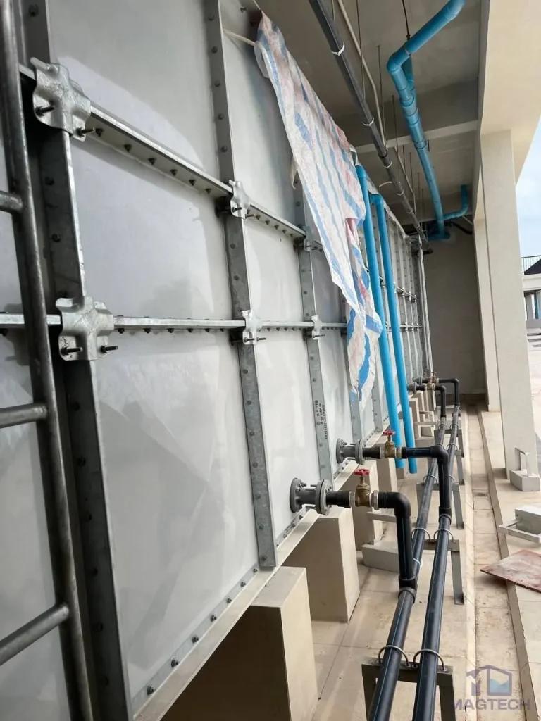 GRP water tank installation at Grand Villa Cambodia - completed tank run with external bracing